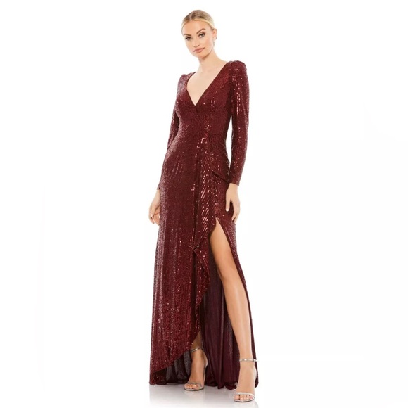 MAC DUGGAL 26574 SEQUINED FAUX WRAP LONG SLEEVE WINE COLUMN GOWN Size 16 Dress - Picture 1 of 8